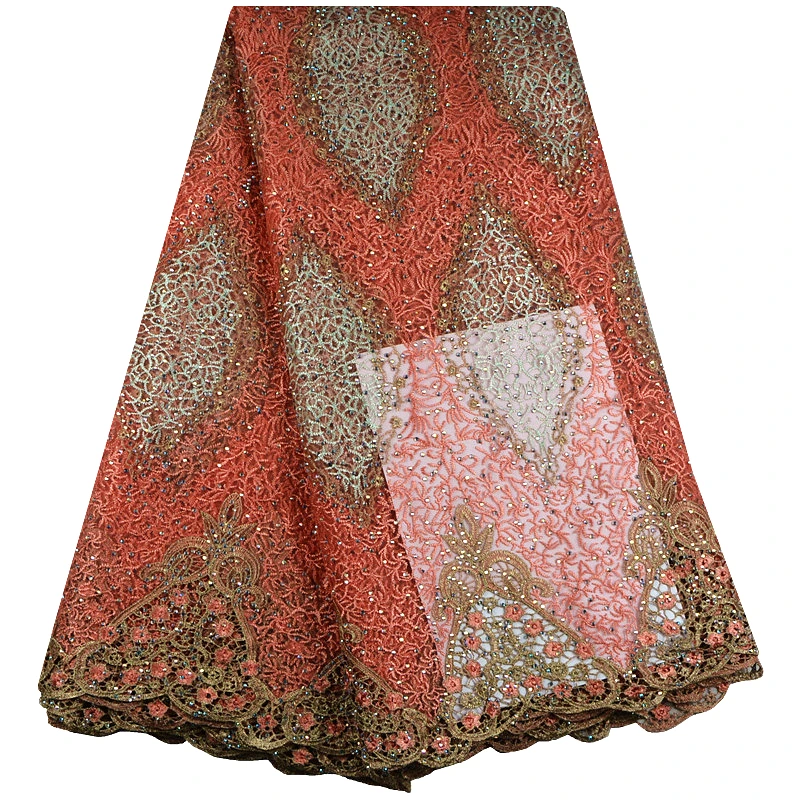Красный цвет африканская кружевная ткань вышитые нигерийские кружева с камнями
