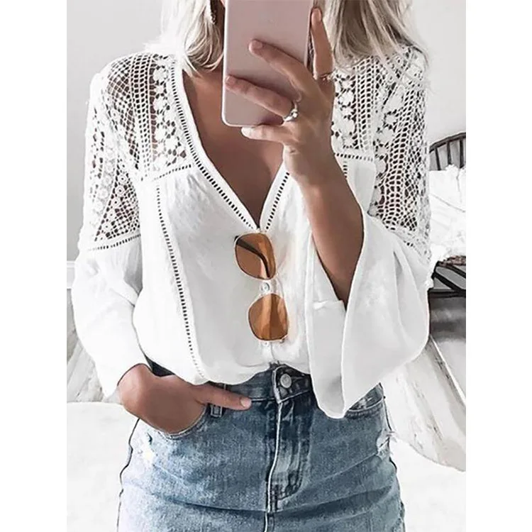 Женская Летняя Блузка Boho белая с треугольным вырезом и длинным рукавом-фонариком