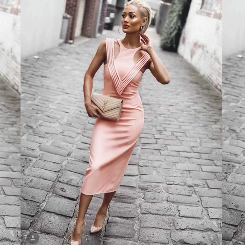 Элегантный 2017 пикантные летние Bodycon рукавов бежевый розовый выдалбливают HL