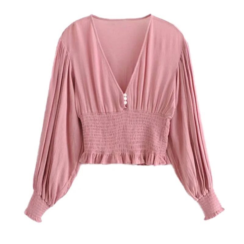 

PERHAPS U Women Long Sleeve Pink Beige Solid Empire Deep V Neck Button Waist Fold Chiffon Short Blouse Shirt High Street B0333