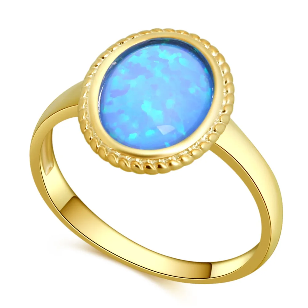 

ROLILASON Simple style Round Gold tone blue fire opal for women gift Jewelryjewelry Ring OR920