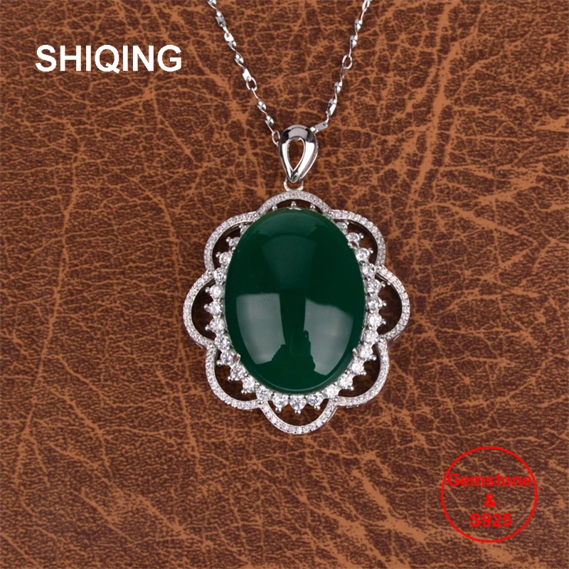

SHIQING 100% Nature green chalcedony sterling silver s925 big flower luxury 20*30mm pendant necklace for lady