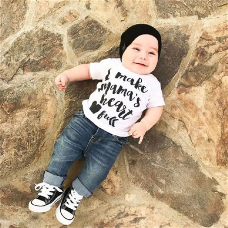

1-5Y Casual Children Clothing Kids Boy Clothes Short Sleeve Letter Cotton T-shirt Top+Denim Pants 2PCS 2017 Children Clothes Set