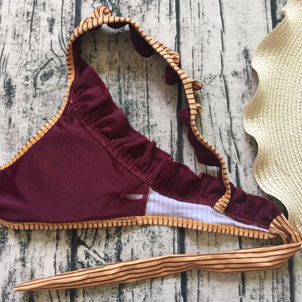 

NEW Yellow Ruffled Sexy Bikinis Brazilian Swimwear Women Stripe Bikini Set Women Brazilian Women Bathing Suit 2021