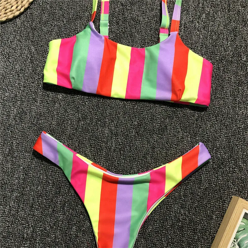 

Women Brazilian Bikini Summer Striped Swimwear Beachwear Bra Swimsuit Tops Triangle Bottom Two Piece Swimming Suit Beach Wear