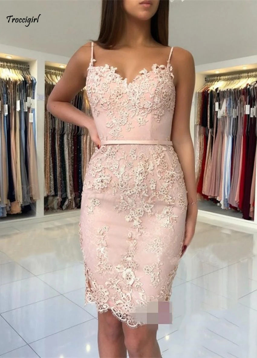 Pink Arabic Cocktail Dresses Spaghetti Srtaps Sash Lace Appliques Sleeveless Short Mini Knee Length Party Homecoming | Свадьбы и