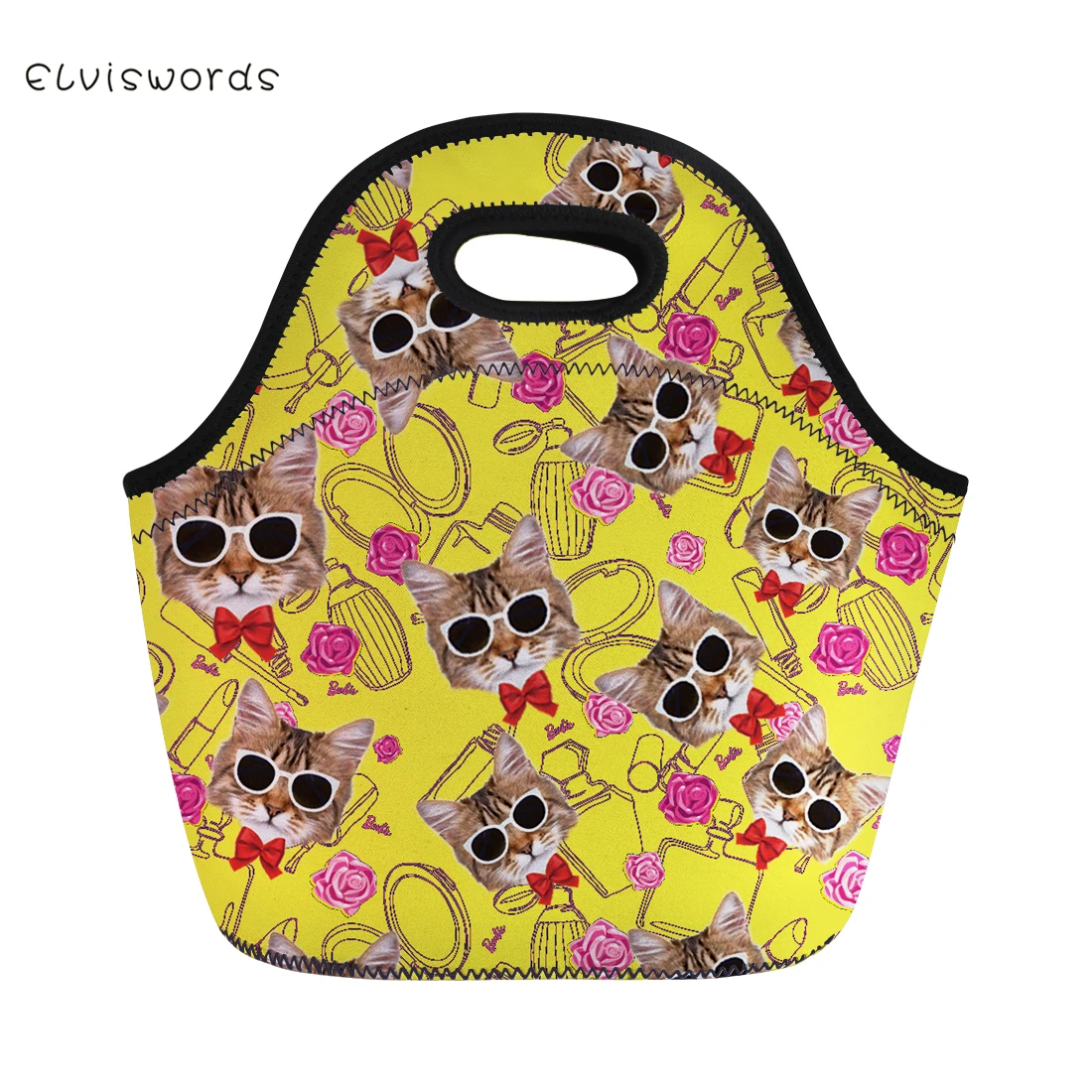 ELVISWORDS Cute Cats Printed Lunch Bag Neoprene Waterproof hand Box for Women Tote Girls Pinic Snacks Container Lovely | Багаж и сумки