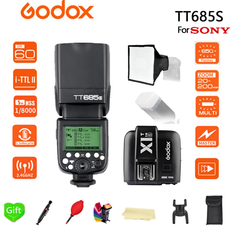 

Godox TT685S Flash 2.4G HSS 1/8000s TTL Camera Flash + 15*17cm softbox + X1T-S for Sony DSLR Cameras A77II A7RII A7R A58 A99