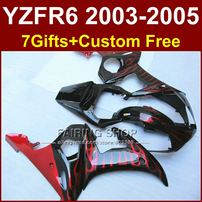 Красный Пламя в черном мотоцикле Обтекатель Набор для YAMAHA YZFR6 2003 2004 2005 обтекатели