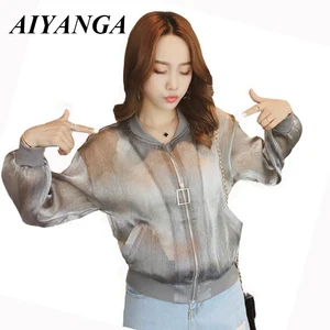 Куртка женская короткая из органзы, с круглым вырезом и длинным рукавом, на молнии, весна-лето, 2021