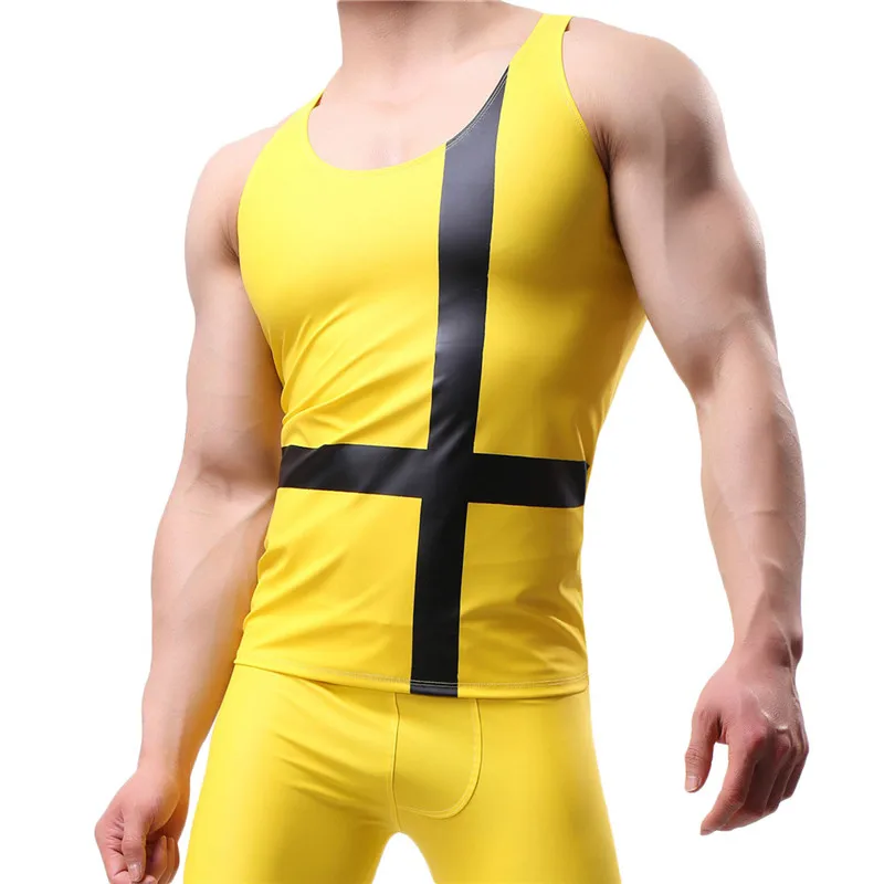 PU Leather O-neck Men Undershirts Sexy Sleeveless Shirts Men Imitatiion Faux Leather Undershirts For Casual  Wear Plus Size XL