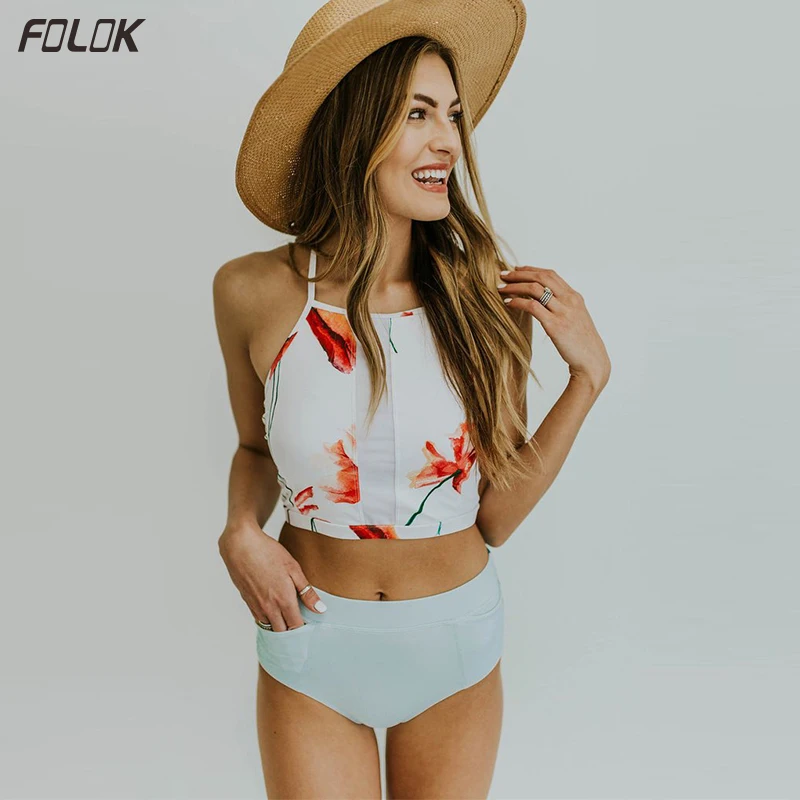 2019 New Sexy High Waist Bikini Swimwear Women Swimsuit Push Up Biquini Bathing Suit Neck Bikinis Summer Beach Wear | Женская одежда