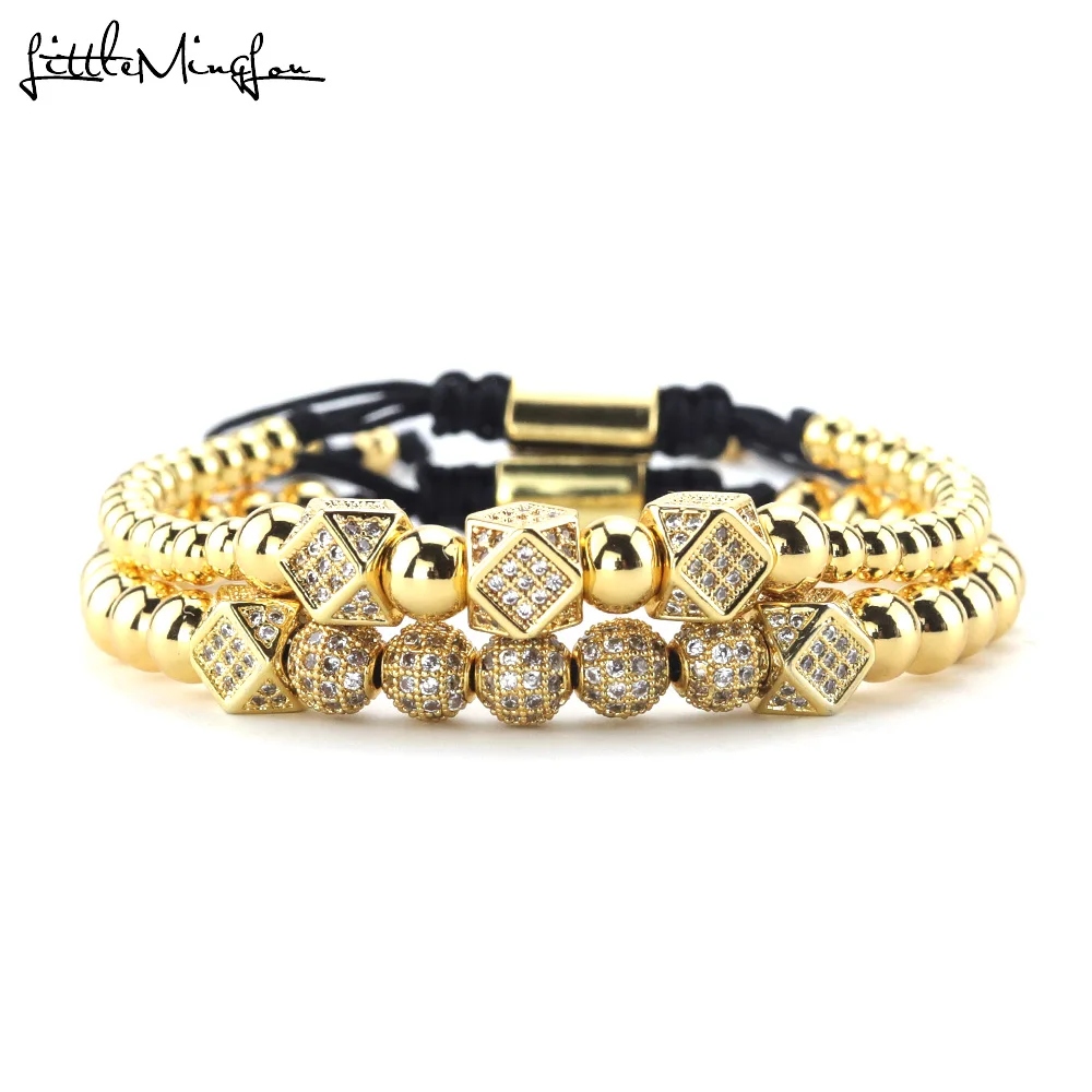 

2pcs/set Luxury men Bracelets set CZ polygon ball Charm copper bead Macrame handmade wrap bracelets & bangles for Men Jewelry