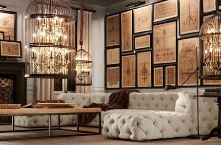 American Iron Vintage Birdcage Chandelier Crystal Hotel Villa living room lamp creative personality Nordic single headlight |