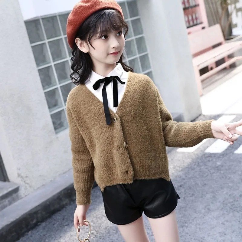 Knitted Sweaters Girl Coat Autumn Spring School Cardigan Knitting Jacket Kids White Brown Tops Clothing Children 2018 New | Детская