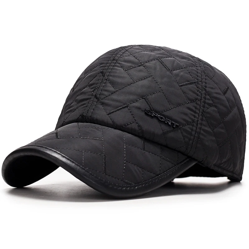 black Мужская зимняя бейсбольная кепка с ушками Snapback Кепка s ушанка Casquette утолщенная теплая бейсбольная кепка зимняя Мужская ушанка для папы - Цвет: black