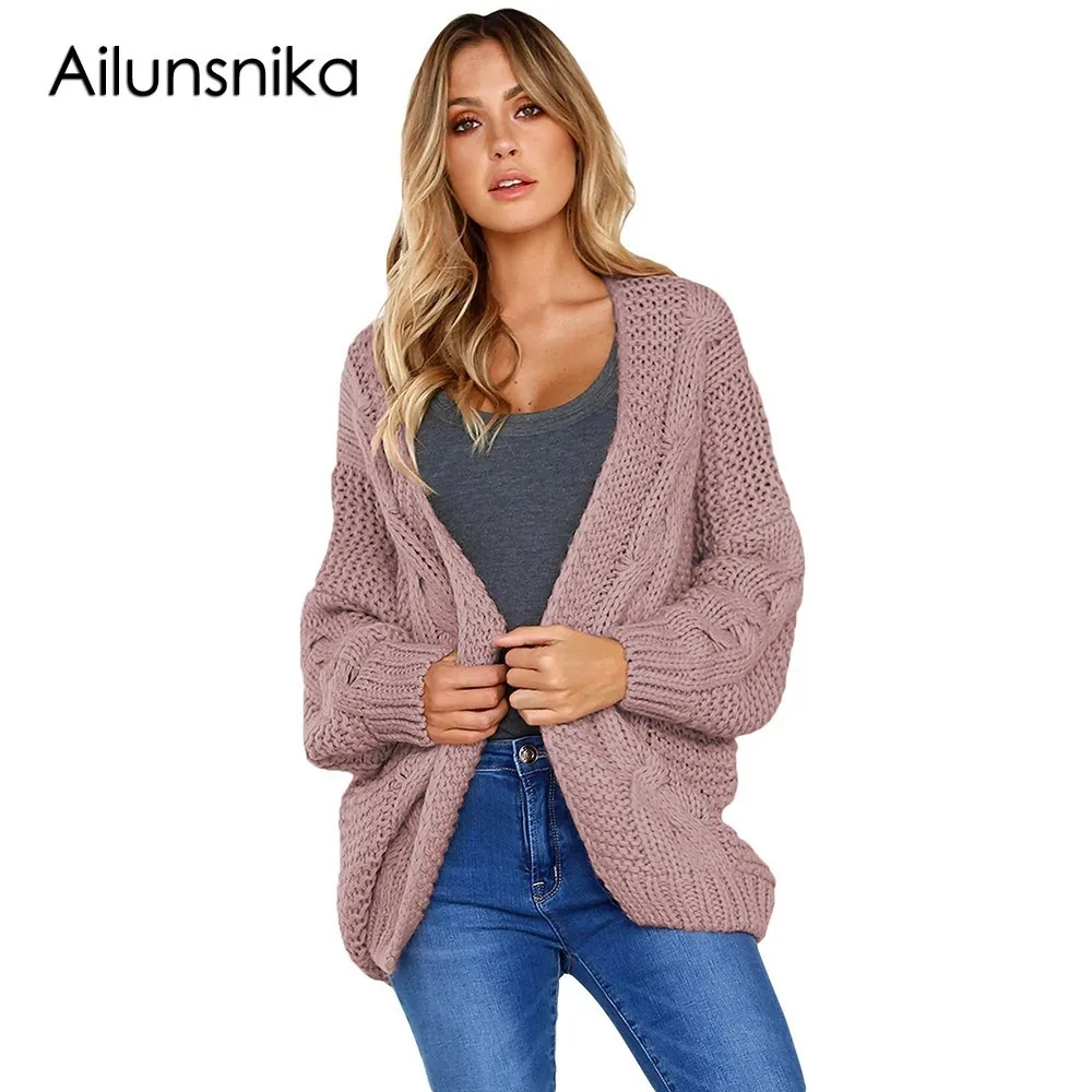 Ailunsnika 2018 Women Autumn Fashion Sweaters Chunky Wide Long Sleeve Loose Knit Cardigan Outwear Tops Casual Jumper DL27948 |