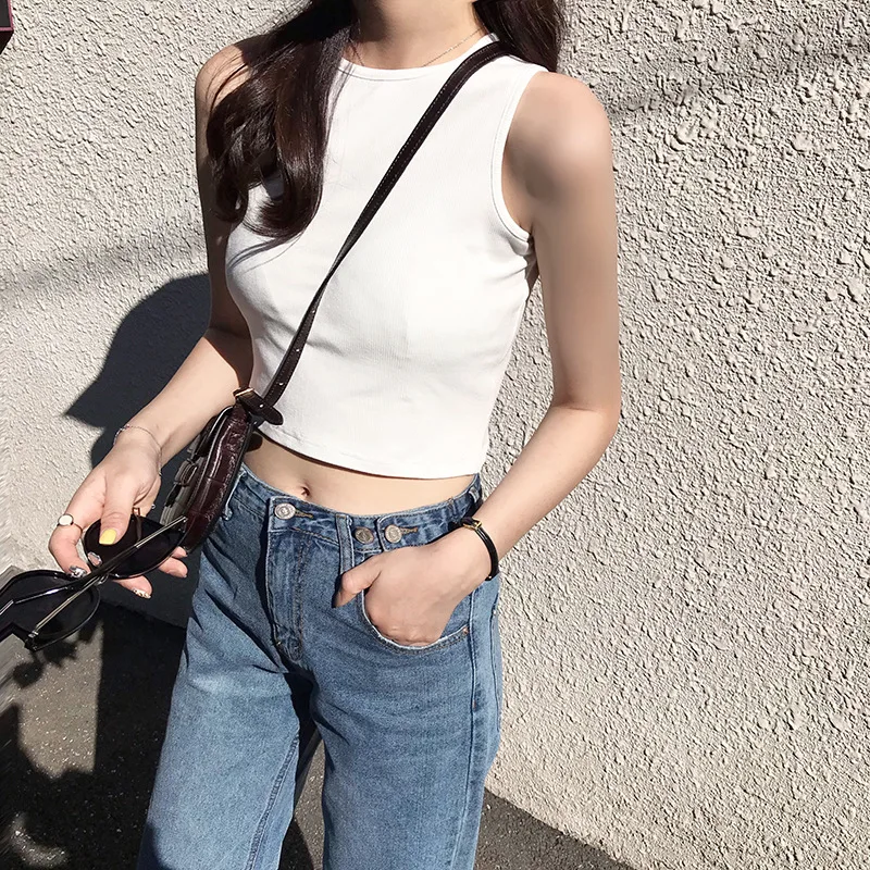 Chic Cropped Tank Top Women Sleeveless Knitted Tops Summer White Black | Женская одежда