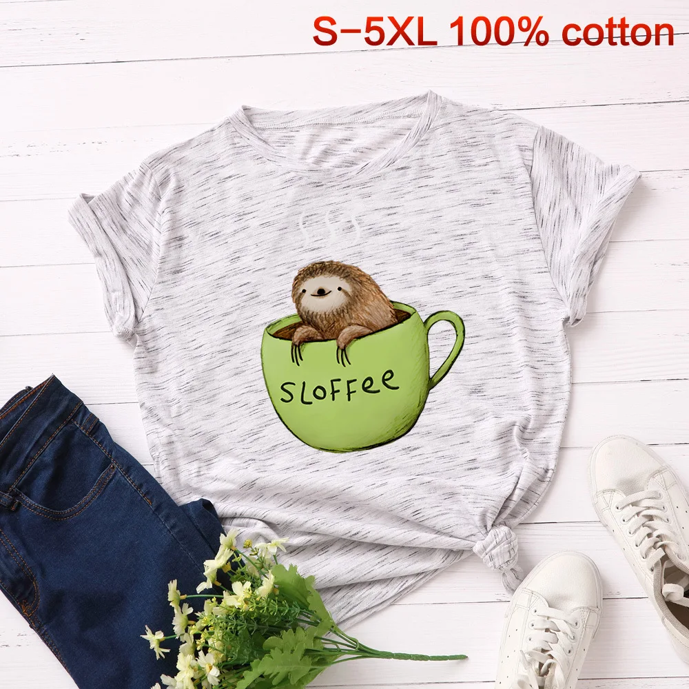 S 5XL Милая женская футболка с рисунком ленивых 100% хлопок забавная чашкой круглым