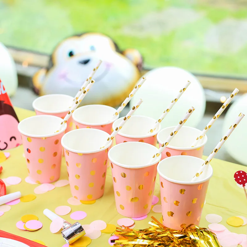 8PC/Bag Gold Stripe Pattern Birthday Wedding Party Disposable Cup Fruit Grill Paper Tableware Theme Cake Round Dish Dot | Дом и сад
