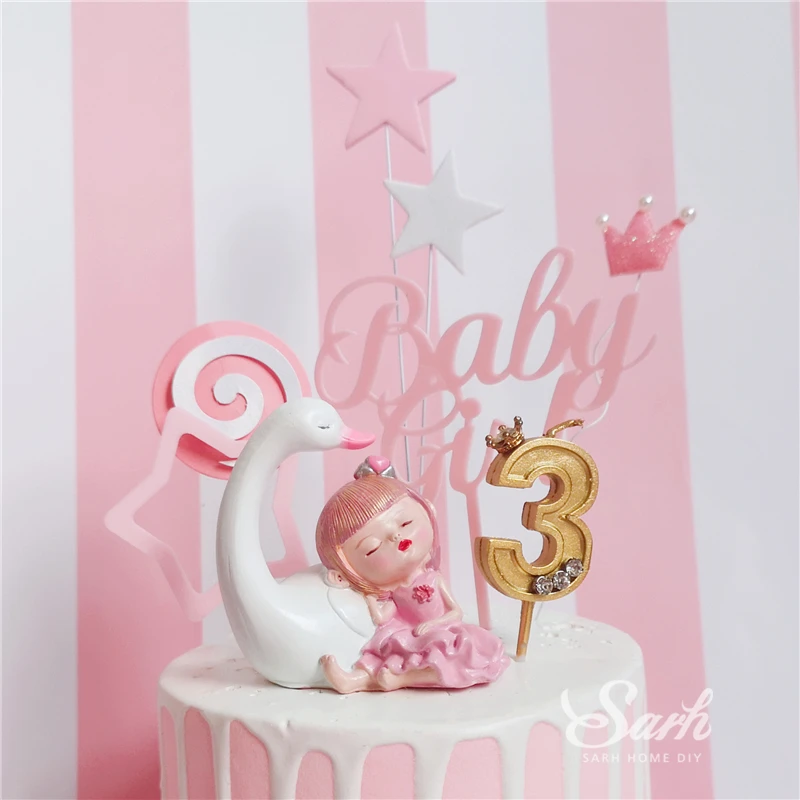 Ins Swan Girl Decorations Diamond Crown Cake Toppers Happy Birthday Children's Day for Party Decoration Lovely Gift | Дом и сад