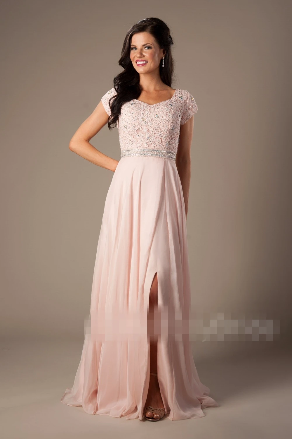 Голубое Кружевное шифоновое платье скромное на Выпускной платья с Кепки рукава