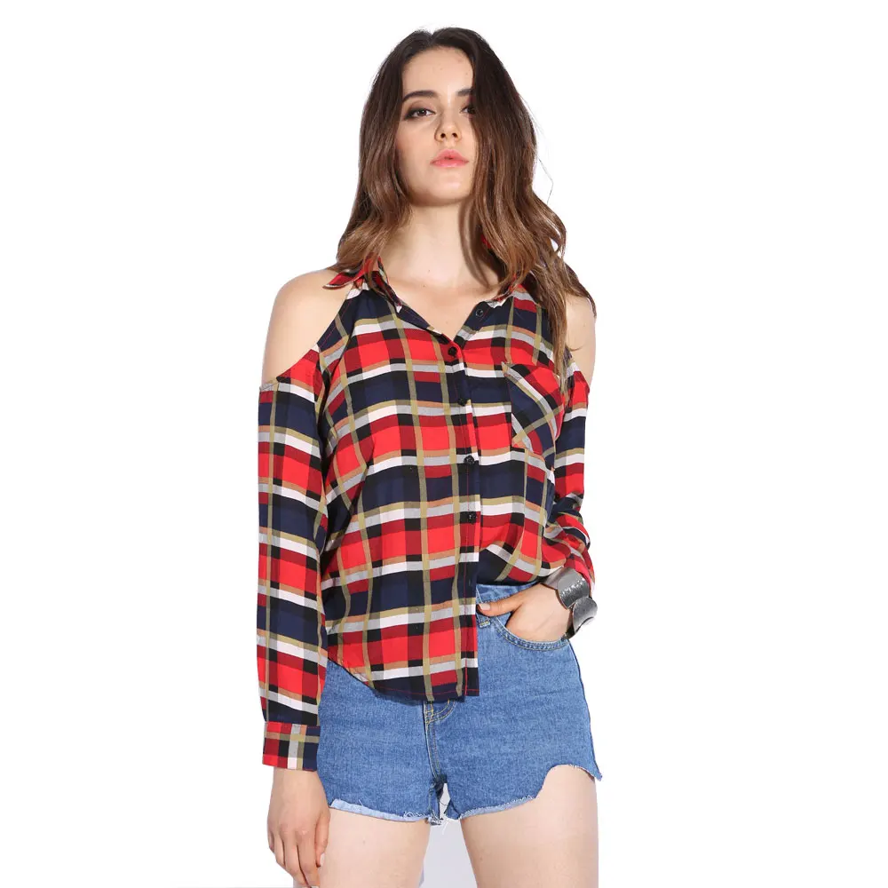 Женская шифоновая блузка Dioufond красная клетчатая с открытыми плечами и отложным