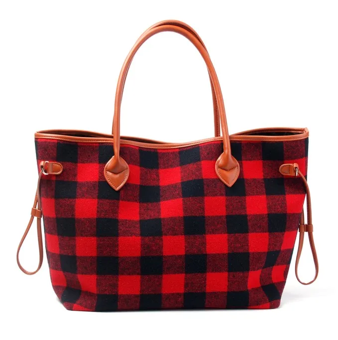 red plaid Красная клетчатая сумка Buffalo, белая и черная Клетчатая Шерстяная Повседневная Сумочка, женская сумка-тоут с двумя нитками,, DOM377 - Цвет: red plaid