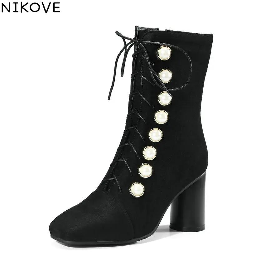 

NIKOVE 2018 Women Boots Western Style Square Toe Square High Heels Ankle Boots Warm Fur Elegant Black Ladies Boots Size 34-43