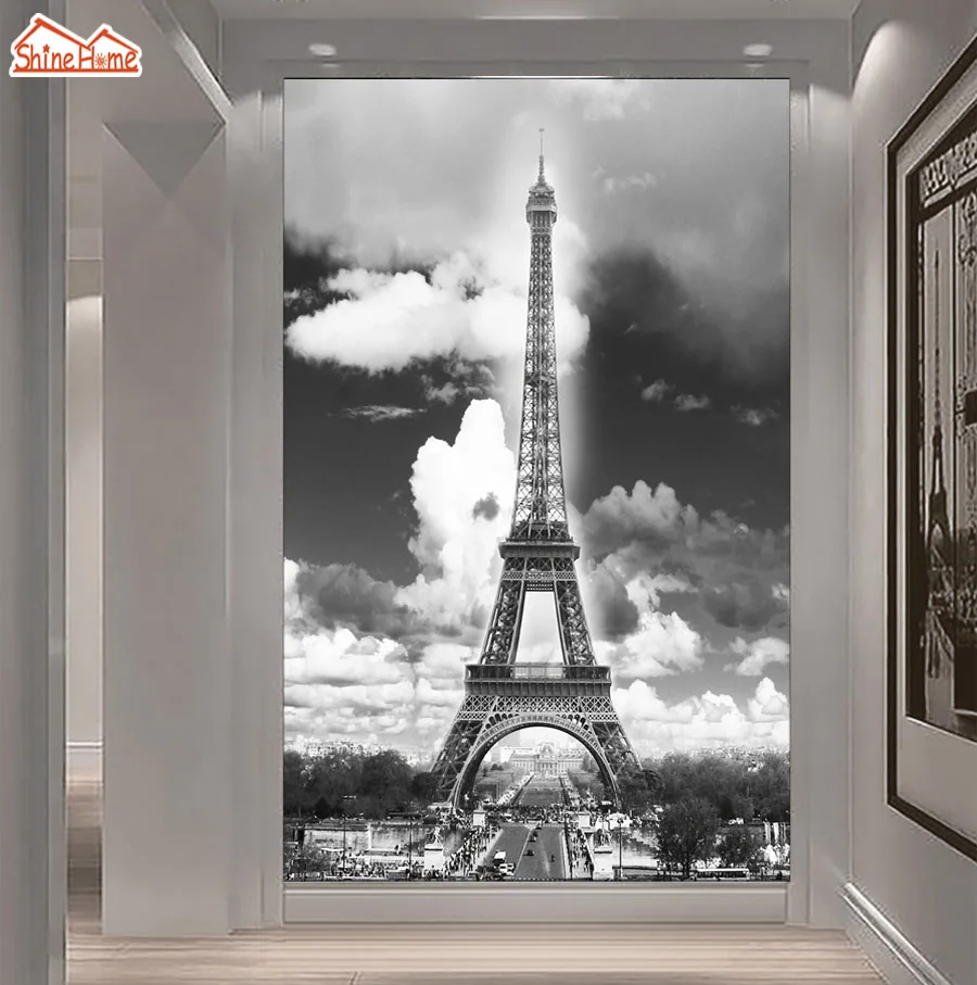 

ShineHome-Эйфелева башня черно-белая дверь, 3d обои в рулонах для стен, 3 d, для гостиной