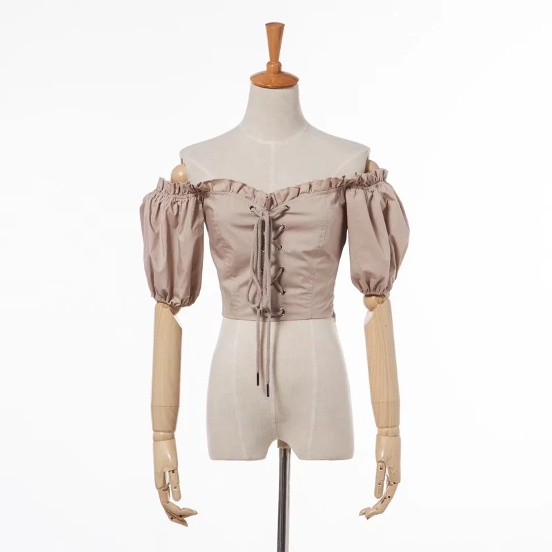 

Vintage Court Style Women Slash Neck Short Sleeve T-shirt Lantern Sleeve Front Lace-up Crop Top T-shirt