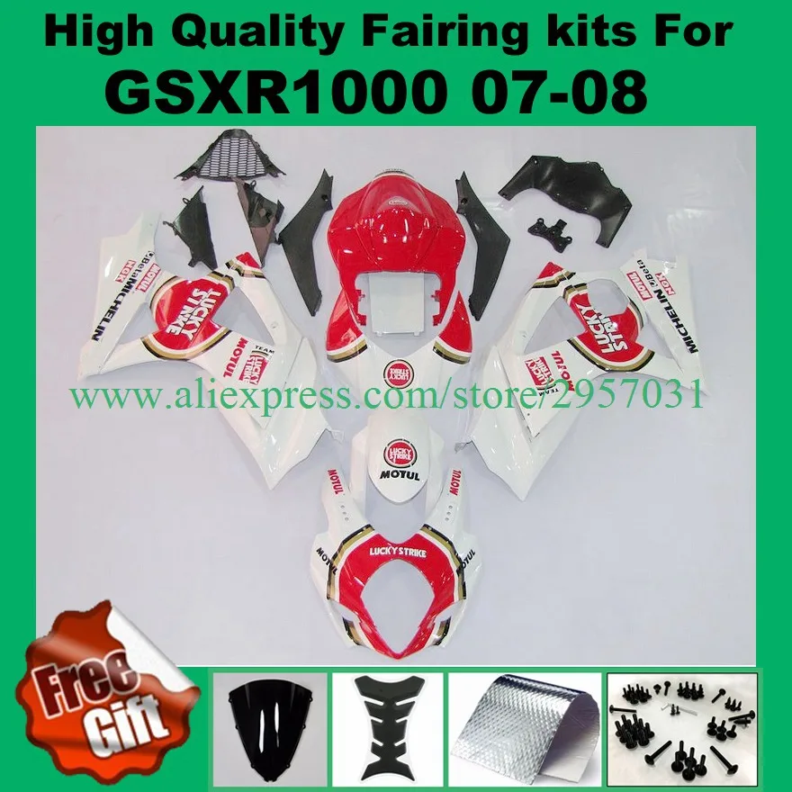 

9Gifts, Injection fairing kits for SUZUKI GSXR1000 2007 2008 GSX-R1000 07 08 GSXR 1000 K7 K8 ABS Fairings white red LUCKY STRIKE
