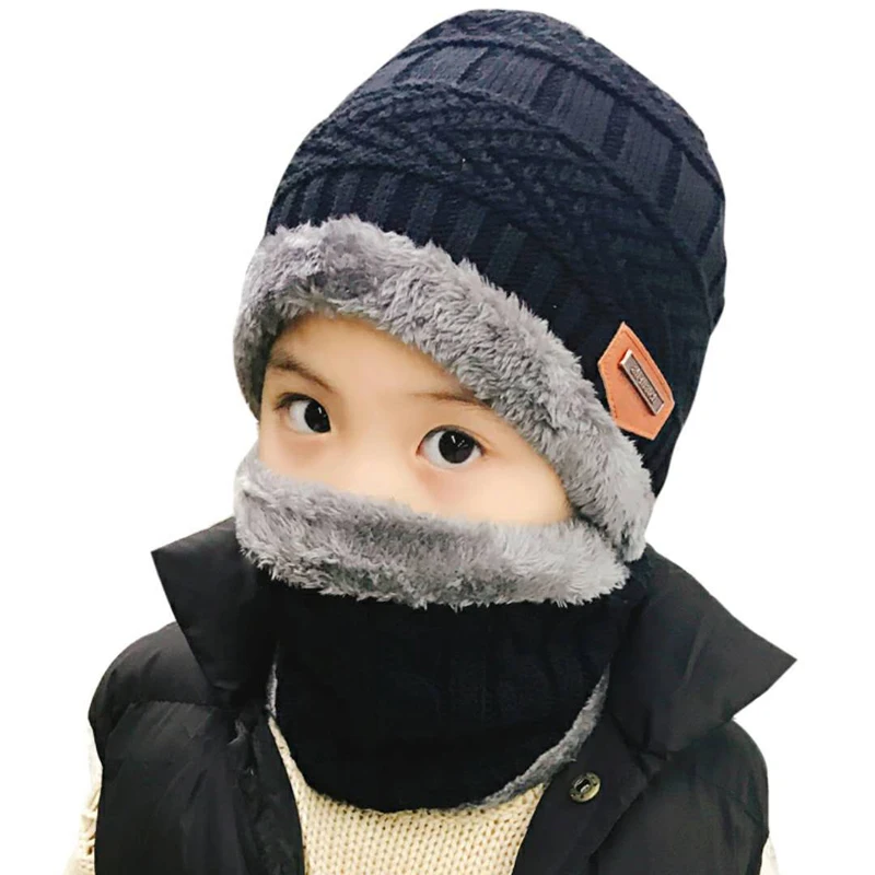 Children Winter Hat and Scarf Set for Boys Girls Knitted Cap Kids Fleece Skullies Beanies Balaclava