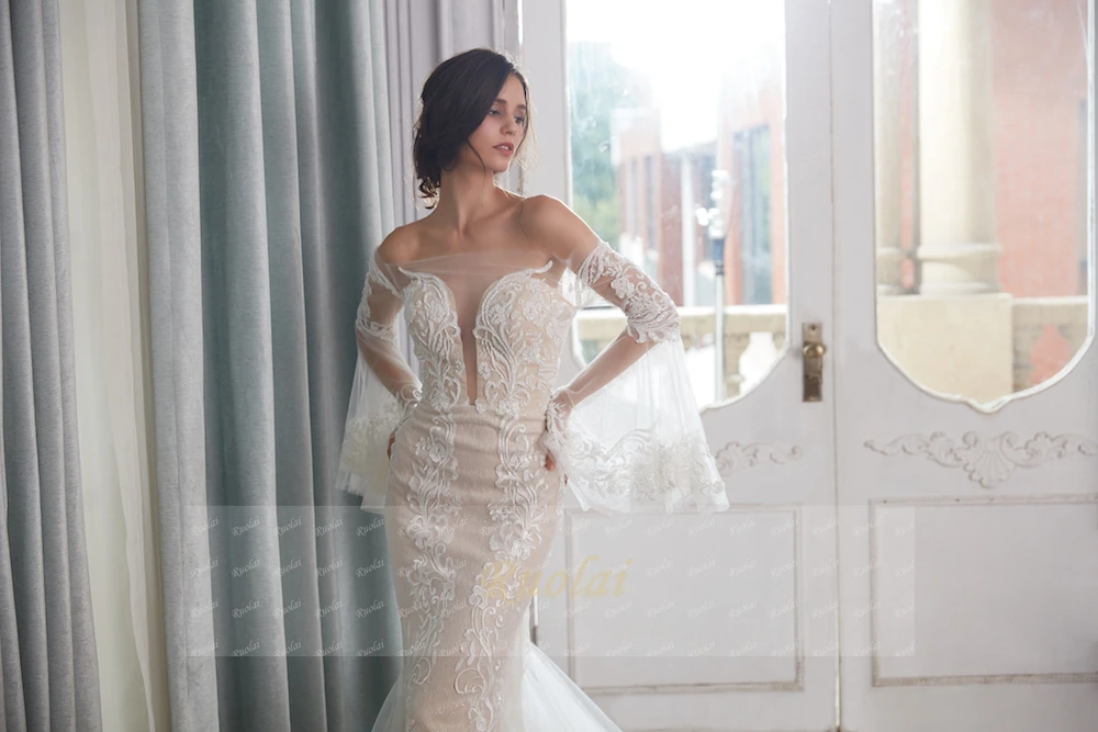 Женское свадебное платье с юбкой годе элегантное кружевное открытыми плечами и