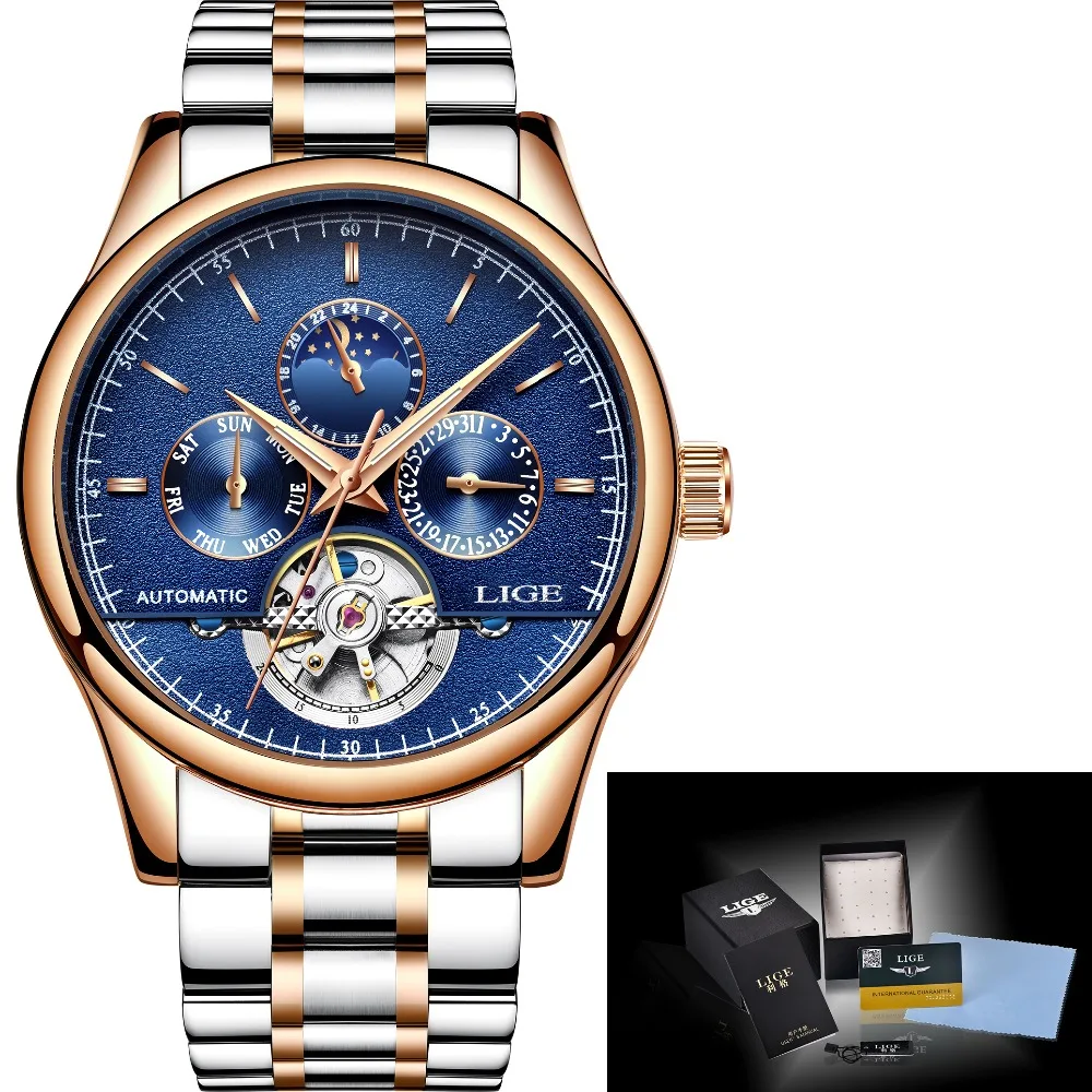 LIGE бренд Для мужчин часы автоматические механические tourbillon спортивные Полный