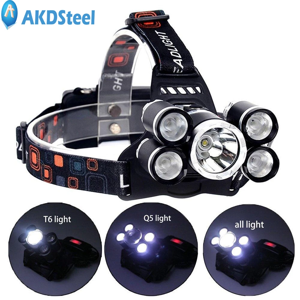 Akdsteel 5 светодиодные фары 4 режима T6 + 4xpe свет голову Водонепроницаемый 18650