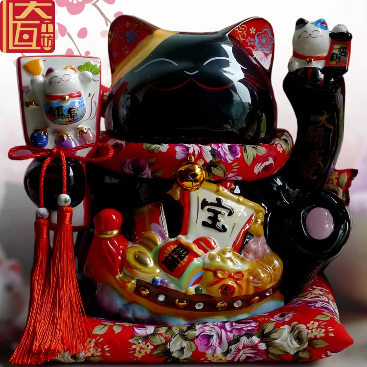 Черный Maneki Neko керамический счастливый кот с Lute украшения для домашнего декора