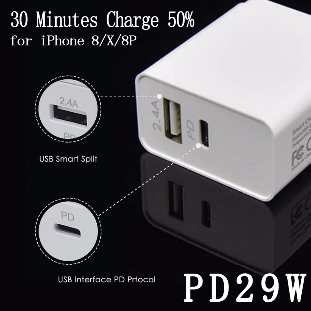 PD fast charger for iPhone 8 X Plus ipad pro Macbook with Type-c &amp USB Output Wall Travel Charger 29W Fast Type C Power | Мобильные