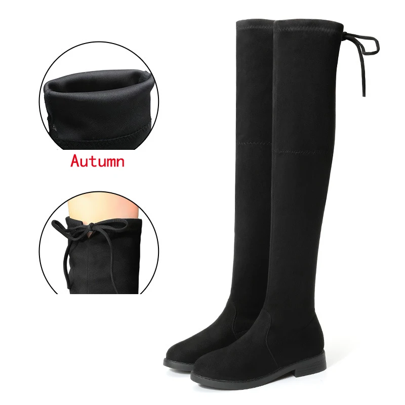 autumn black Черные эластичные облегающие сапоги выше колена из флока г. Женские зимние сапоги до бедра на шнуровке на низком массивном каблуке - Цвет: autumn black