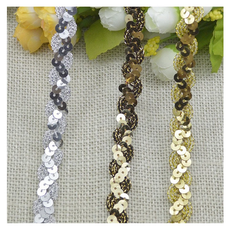 

Free Shipping!!30 meters/lot Gold Silver Color Curve Lace Sewing Lace Ribbon 1.5 cm Width, Crocheted Sequined Ribbon Lace Trim