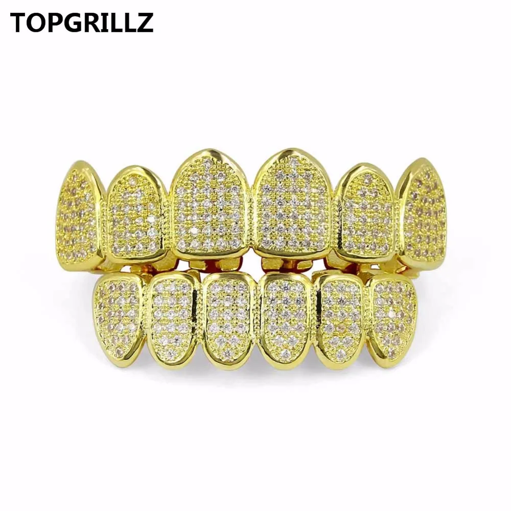 Jinao зубы Grillz Gold Цвет покрытием высокое качество микро паве ЧР камень сверху и