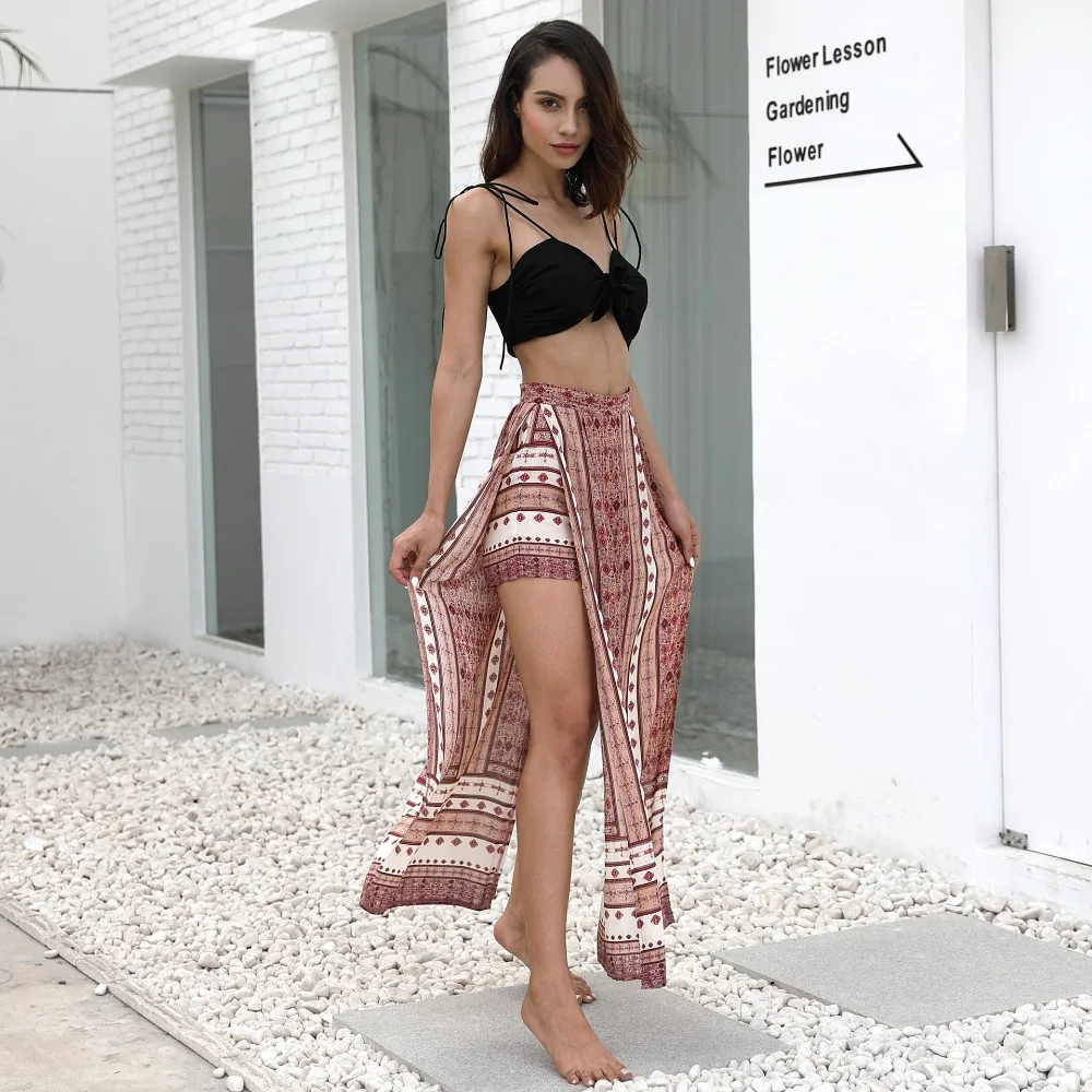 2018 Новые популярные женские печати моды сплит вилка пляж ветер Шорты