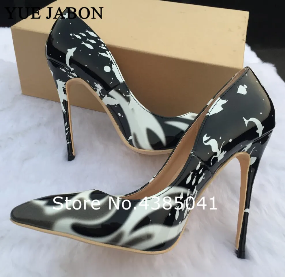 

YUE JABON Big Size 35-43 2021 New Arrival white black printed high heels women pumps thin heel classic sexy party wedding shoes