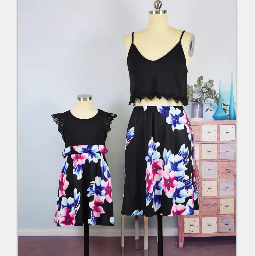 2019 PPXX Summer Floral Girl Women Lace Dress Plus Size Mother Daughter Family Matching Clothing Fashion Look Top Skirt | Мать и ребенок