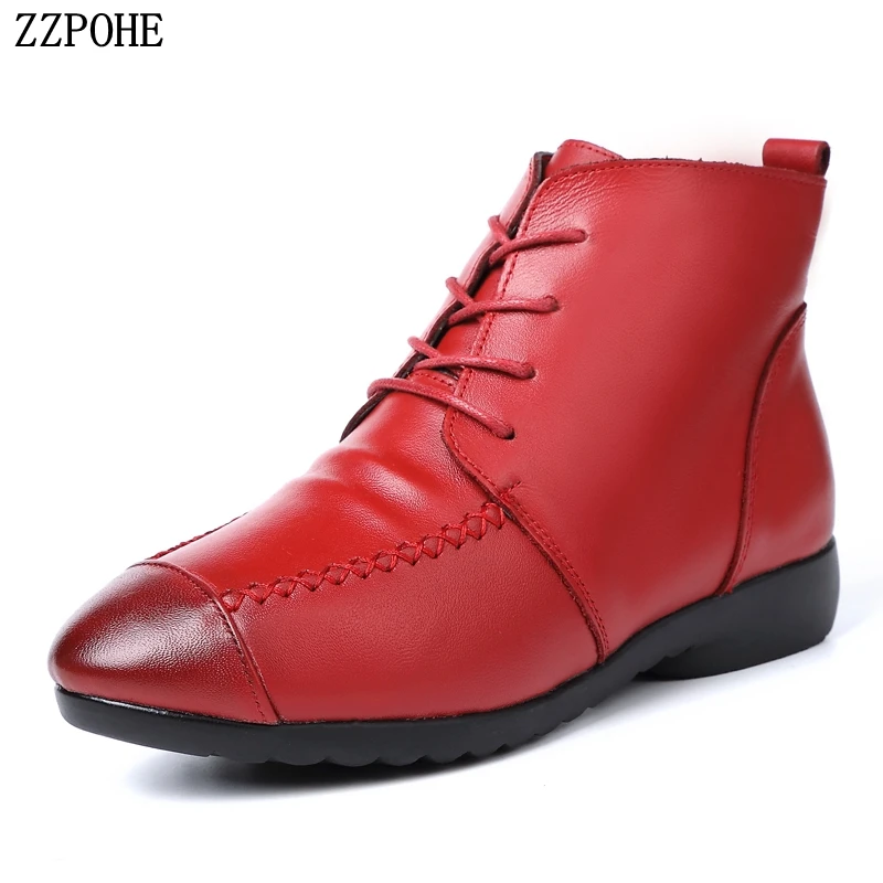 ZZPOHE Fashion Genuine Leather Women Boots Women's Soft Flat Ankle Shoes Femme Ladies Warm Snow Winter | Обувь