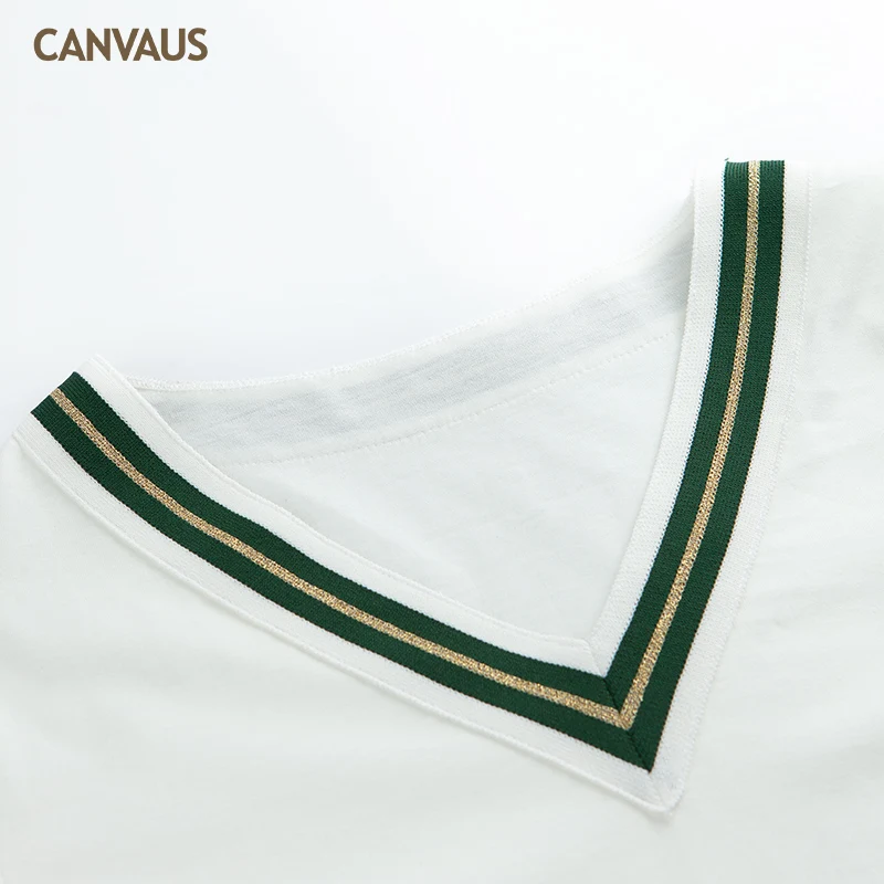 

Canvaus Summer 2019 Short Sleeve Elegant Striped T-shirt Womens Casual White Cotton T Shirt Tshirt OL Top Tee