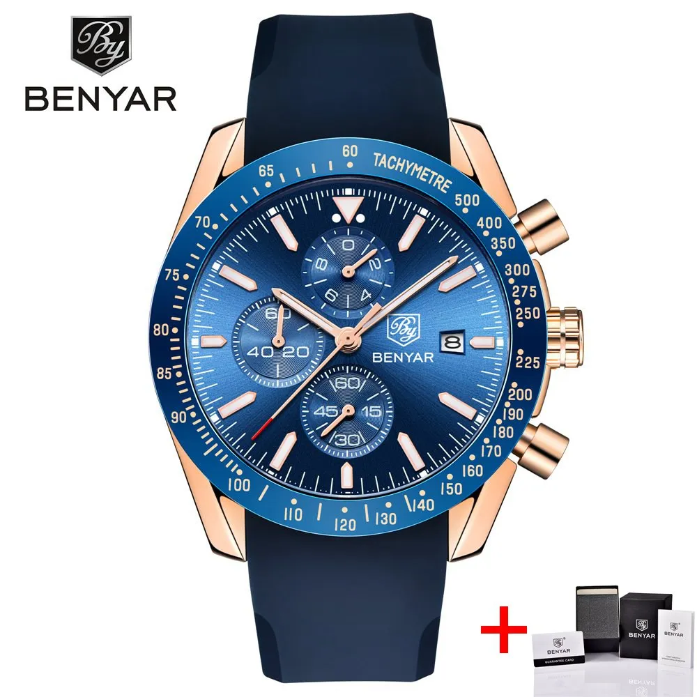 rose blue with box Benyar Кварцевые спортивные часы-хронограф Для мужчин Водонепроницаемый часы люксовый бренд силиконовые Бизнес, мужские часы, мужские часы, наручные часы с механизмом, часы horloges - Цвет: rose blue with box