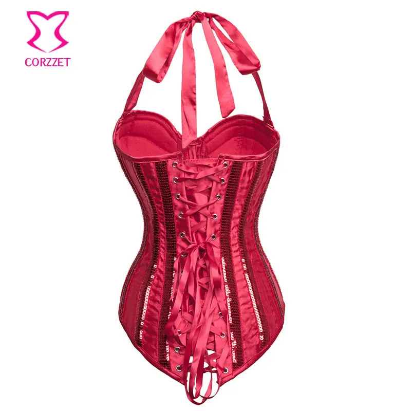 Женский корсет с бретелькой через шею Burlesque красный сатиновый пайетками