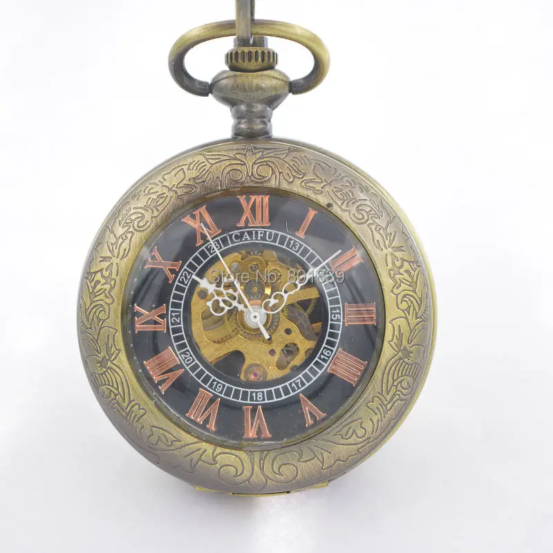 Элегантные бронзовый тон механические черные карманные часы с циферблатом w/цепь