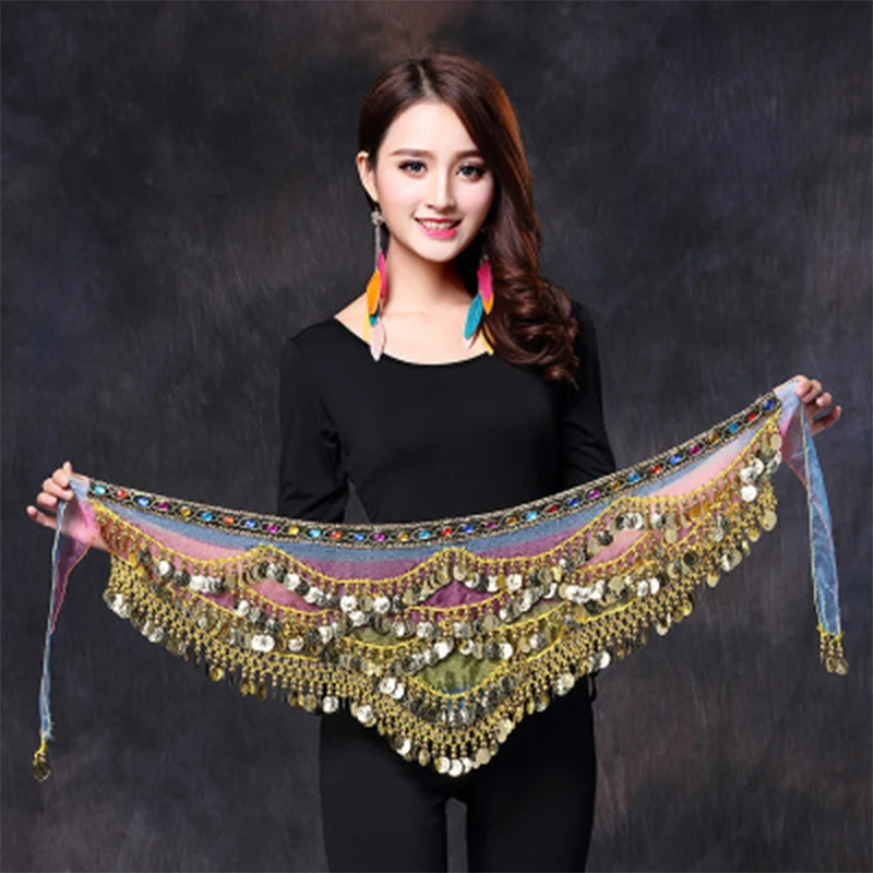 2022 New style belly dance belt newest multi-color glass silk belly dancing belt scarf crystal bellydance waist chain hip scarf